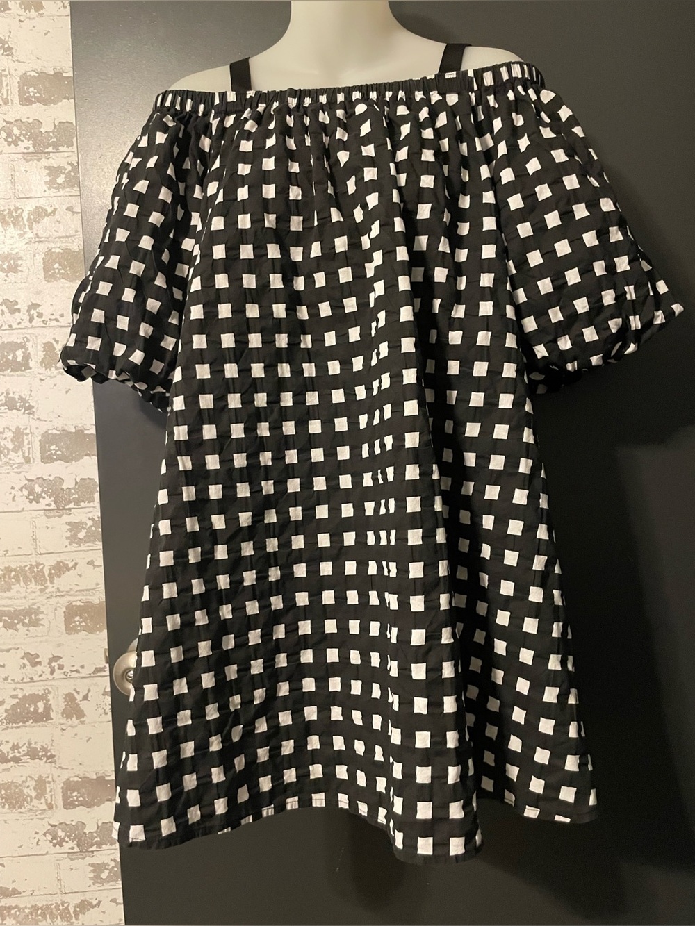 Setirom Black White Check Puff Sleeve Off Shoulder Mini Dress Small - Picture 4 of 9